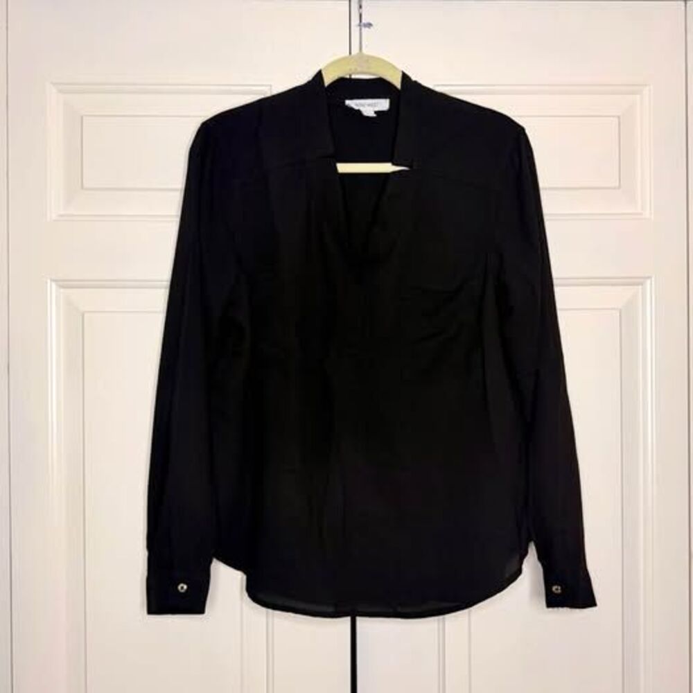 Nine West Black V-Neck Two-Pocket Blouse Size Large